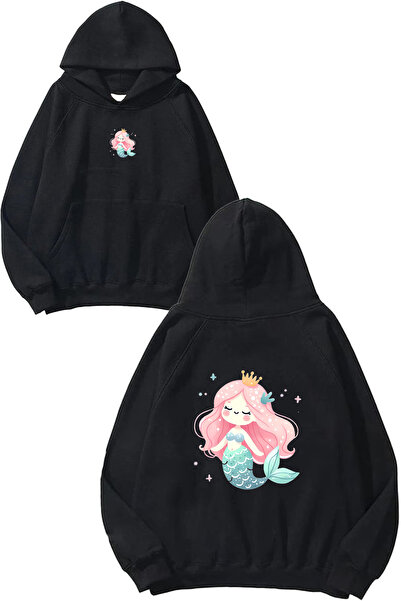 VSRN Mermaid Design Printed Oversize Black Hooded Sweatshirt