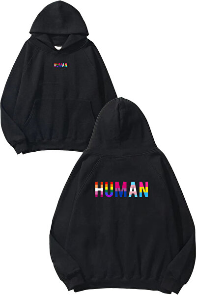 VSRN Hanorac negru supradimensionat cu glugă, cu imprimeu Human 1 Design