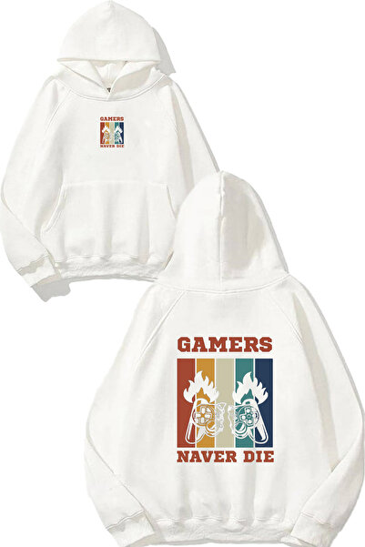 VSRN Hanorac alb supradimensionat cu glugă, imprimat cu design Gamer