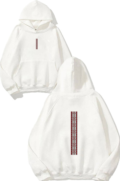 VSRN Patterned Line Design Printed Oversize White Hooded Sweatshirt