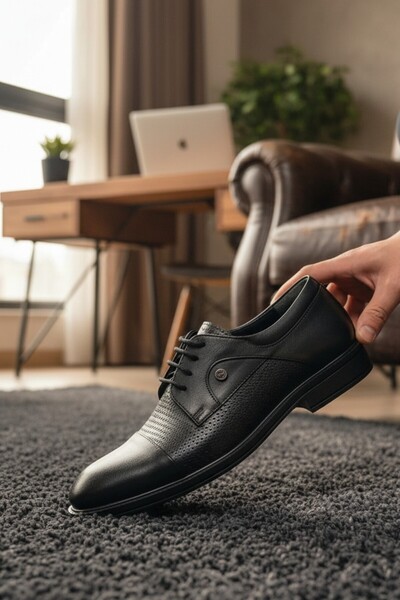 enoch حذاء رجالي كلاسيكي من الجلد الطبيعي باللون الأسود مع نسيج ميكرو بوينت و...