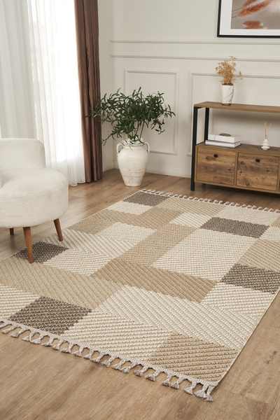 Konfor Halı Beverly 2212 Krem Halı Iskandinav Bukle Hav Toz Vermez Halı Yollu...