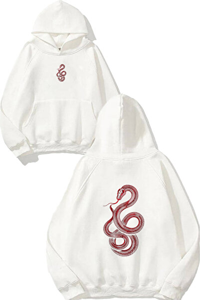 VSRN Hanorac alb supradimensionat cu glugă, cu imprimeu Red Snake Design