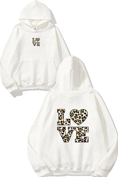 VSRN Love Leopard 1 Design Printed Oversize White Hooded Sweatshirt