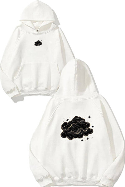 VSRN Hanorac alb supradimensionat cu glugă, cu imprimeu Black Clouds Design