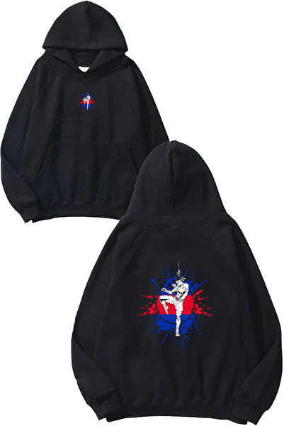 VSRN سويت شيرت بقلنسوة أسود كبير الحجم مطبوع بتصميم فوتشيرير مان