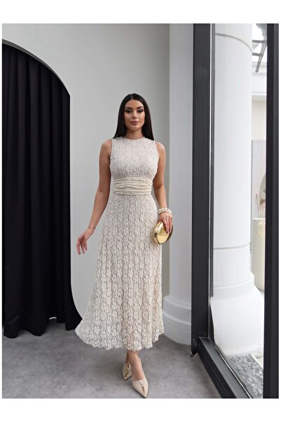 ESRAHELVACI Zero Sleeve Waist Draped Guipure Dress