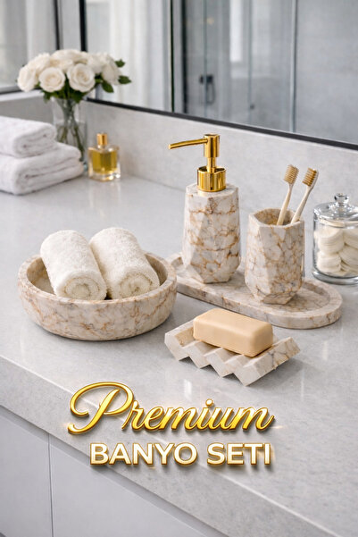 lufen deco Mermer Desenli Beton 5'li Banyo Wc Seti Premium Sıvı Katı Sabunluk...