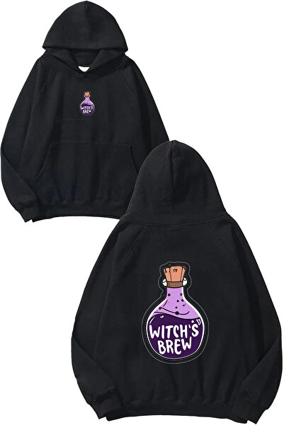 VSRN Hanorac negru supradimensionat cu glugă, cu imprimeu Witch's Brew Design