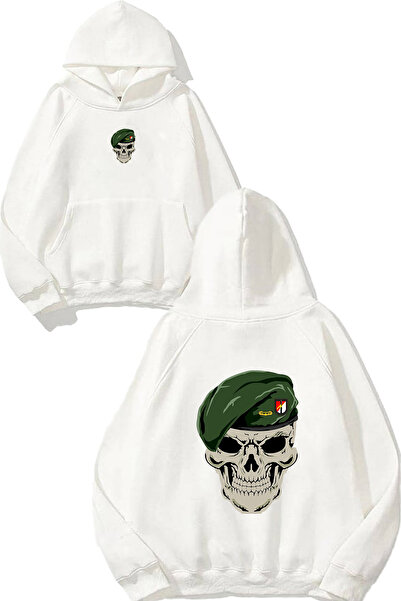 VSRN سويت شيرت أبيض كبير الحجم بطبعة تصميم هيكل عظمي للقائد مع قلنسوة