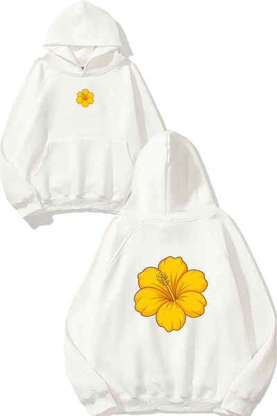 VSRN Hanorac alb supradimensionat cu glugă, cu imprimeu Yellow Daisy Design