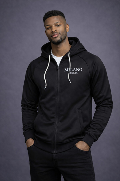 NOFLEN Milano Printed Scuba Hooded Black Gray Tracksuit Set