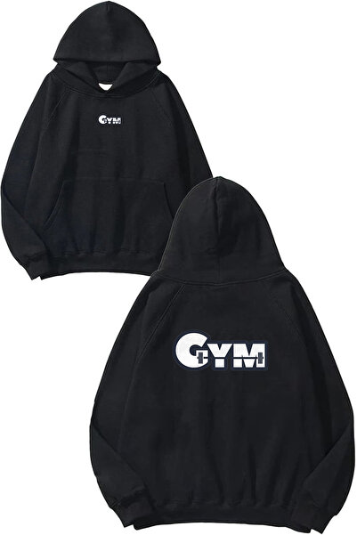 VSRN Hanorac negru supradimensionat cu glugă, imprimat cu design Gym 3
