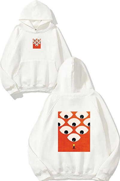 VSRN سويت شيرت أبيض كبير الحجم بقلنسوة مطبوع عليه تصميم 1 أون توب آيزز