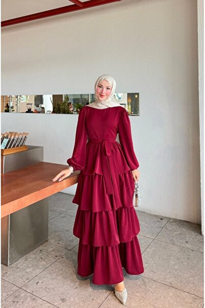 REMUBİ KADIN ETEĞİ KAT KAT BEL KUŞAKLI TESETTÜR ELBİSE