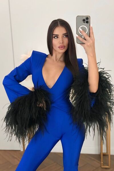Fashiontayt Kollari Feather Padded Belted Jumpsuit