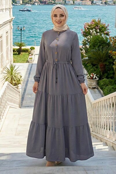 hafsamina Gathered Buttoned Lace-Up Ayrobin Dress Gray Hm268811