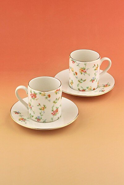 Bursa Porselen Dekor Mine çiçeği altın yaldızlı 2 kişilik çay/duble kahve fin...