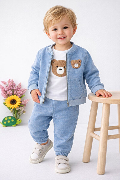 dinamik çocuk Erkek Bebek Ayıcık Nakışlı 3'lü Takım Denim Kot Görünümlü Fermu...