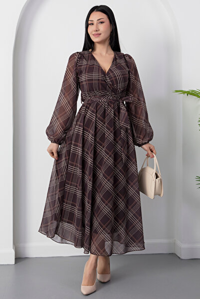 PULLIMM Double-Breasted Collar Long Sleeve Plaid Chiffon Dress 2026-4527