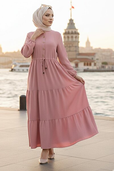 hafsamina Gathered Buttoned Lace-Up Ayrobin Dress Pink Hm268811