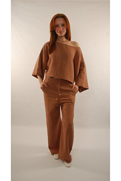 B&T MODA Müslin Beli Lastikli Bol Paça Pantolon