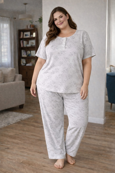 MODA Battal Size Short Sleeve Patterned Cotton Comfortable Stylish Women's Pl...