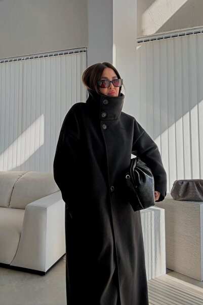 ELVAN TOLON Black High Collar Long Coat