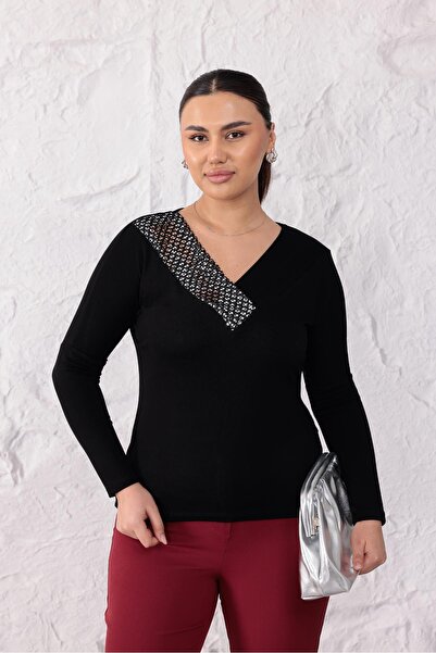 Siyezen Plus Size V-Neck Blouse with Silver Detail