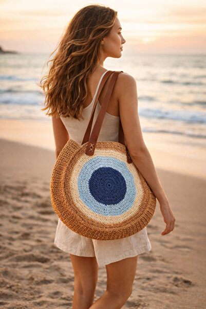 MSM El Yapımı Örgü Kadın Omuz Çantası Hasır Görünümlü Günlük Yazlık Plaj Çantası