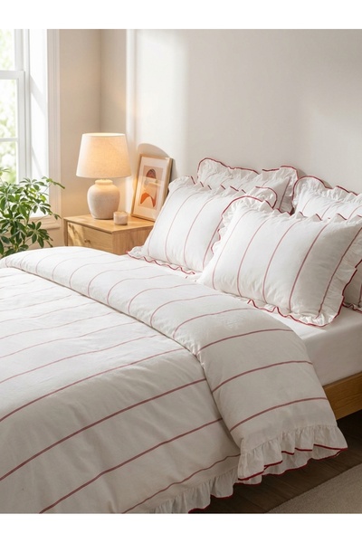 Ricco Lifes Ruffled Red Striped Single Duvet Cover Set