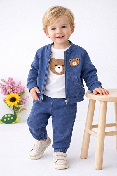 dinamik çocuk Erkek Bebek Ayıcık Nakışlı 3'lü Takım Denim Kot Görünümlü Fermu...