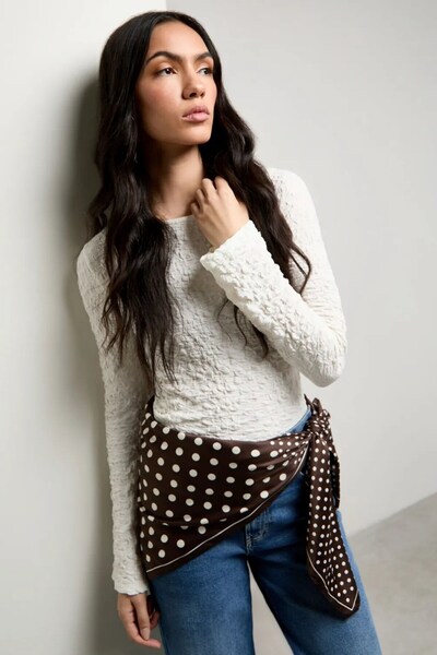 Kübra Tekstil Women's White Long Sleeve Slim Fit Side Draped Basic Textured B...