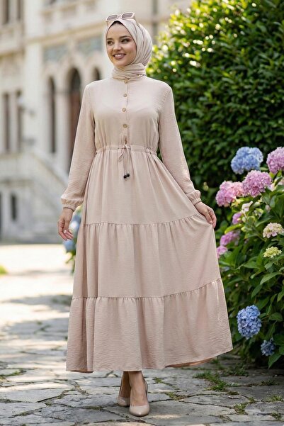 hafsamina Gathered Buttoned Lace-Up Ayrobin Dress Cream Hm268811