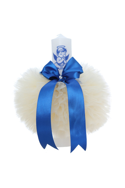 Recostore Lumanare botez, model cu ingeras, Ivoire-albastru electric, 30x5.5 ...