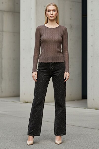 Kübra Tekstil Women's Brown Crew Neck Long Sleeve Slim Fit Basic Textured Blo...