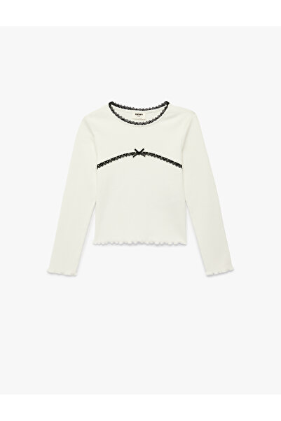 Koton Памучна тениска с дълги ръкави, дантела и панделки и деколте тип „велос...