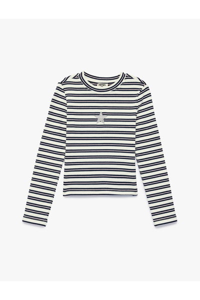 Koton Cotton Long Sleeve Crew Neck Embroidered Striped T-Shirt