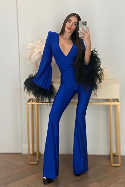 Fashiontayt بدلة كولاري مبطنة بالريش مع حزام