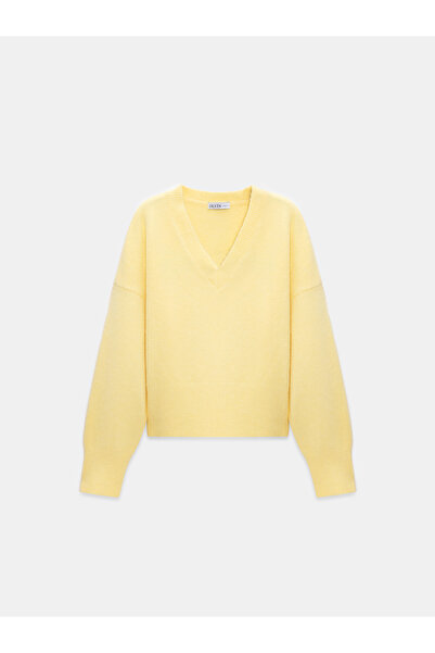 Dilvin 10645 V-Neck Wool Blend Sweater-Yellow
