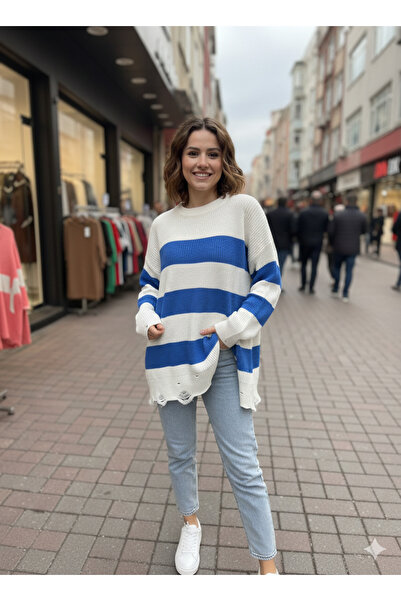VıoShıne Pulover oversize tricot cu dungi cu gât turnu de damă