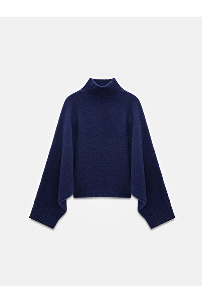 Dilvin 10817 Wool Blend Bat Sleeve Sweater-Dark Blue