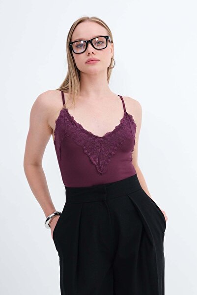 Addax V-Neck Lace Bodysuit Z0395-B10