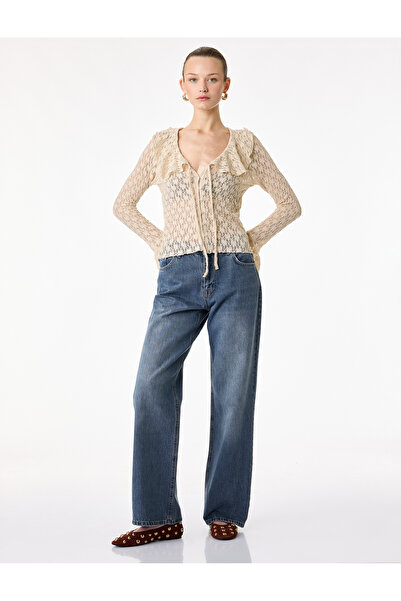 Koton Cotton Pocketed Buttoned High Waist Straight Leg Denim Trousers - Strai...