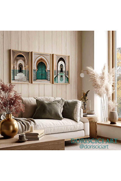 PAM STUDIO Fas Endülüs Mimari Kapı Temalı 3’lü Tablo Seti | İslami Duvar Deko...