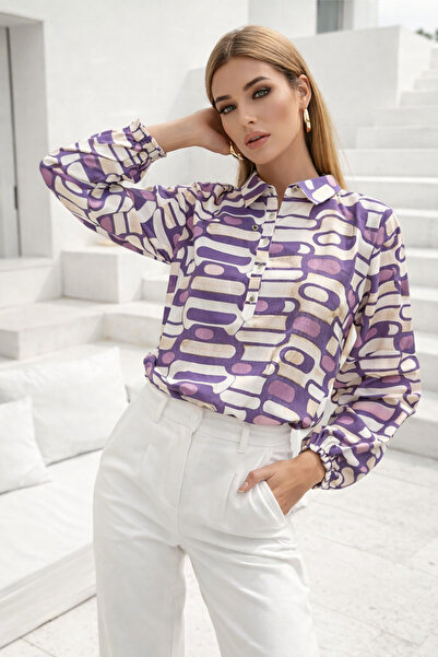 Rich Дамска блуза с дълги ръкави от шифон с лилави копчета