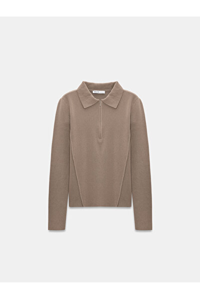 Dilvin 10862 Cashmere Blend Zippered Sweater-Dark Mink