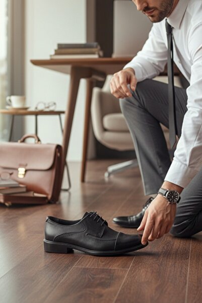 enoch حذاء إينوخ كلاسيكي من الجلد الأسود الأصلي مع جزء علوي ناعم وجانب منقوش