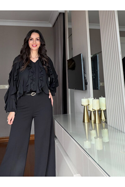 Atelier Derin قميص أسود مطوي بتفاصيل متموجة
