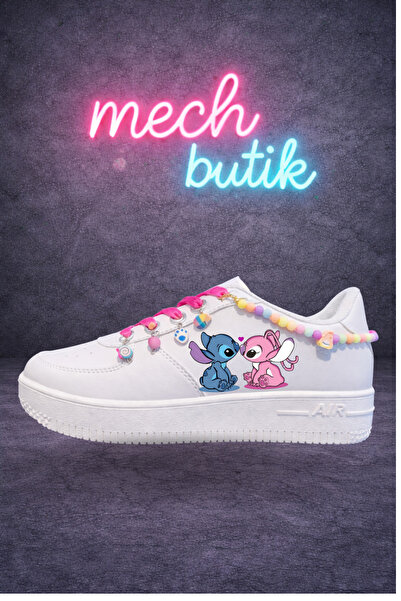 MECH BUTİK Stich Printed Black-White Lace-Up Beaded and Anklet Sports Shoes S...